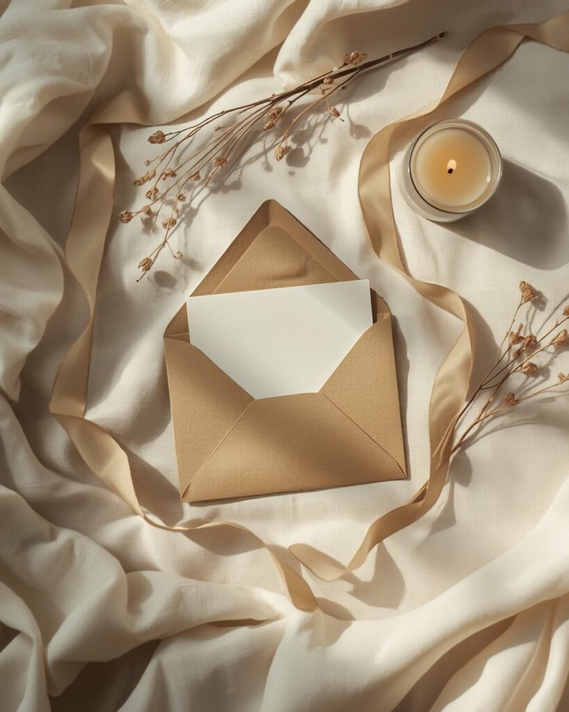 Enveloppe kraft et carte cadeau sur un linge crème, avec un ruban et une bougie.