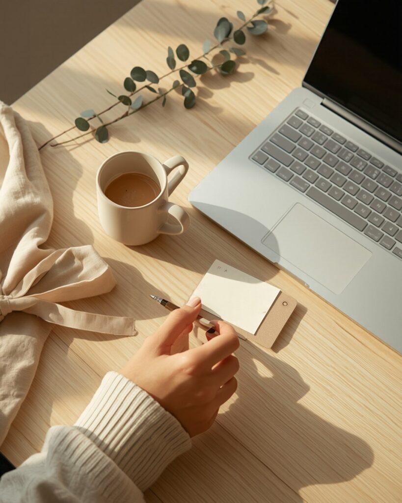 Mains qui écrivent une carte cadeau sur un bureau en bois clair, à côté d'un café.